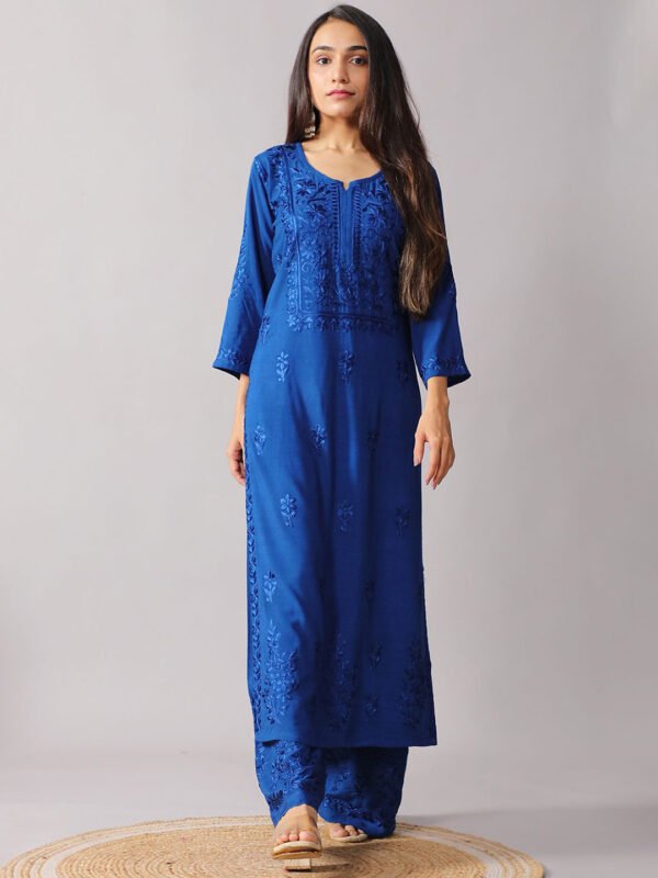 Blue Floral Embroidered Notch Neck Thread Work Straight Kurta With Palazzos Set