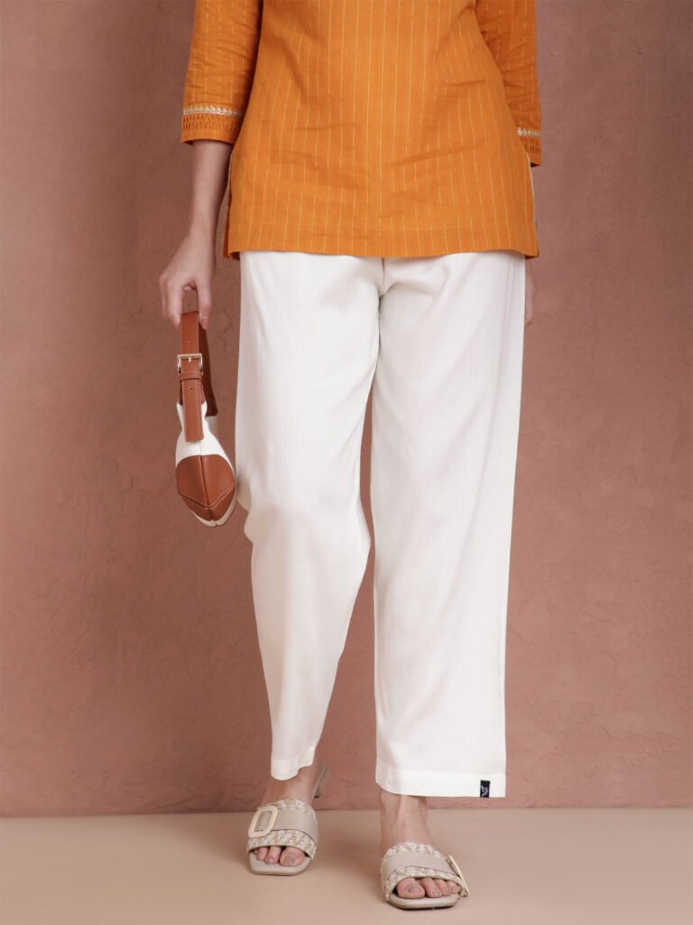 Off White Women Viscose Wide Leg Relaxed Fit Solid Palazzo