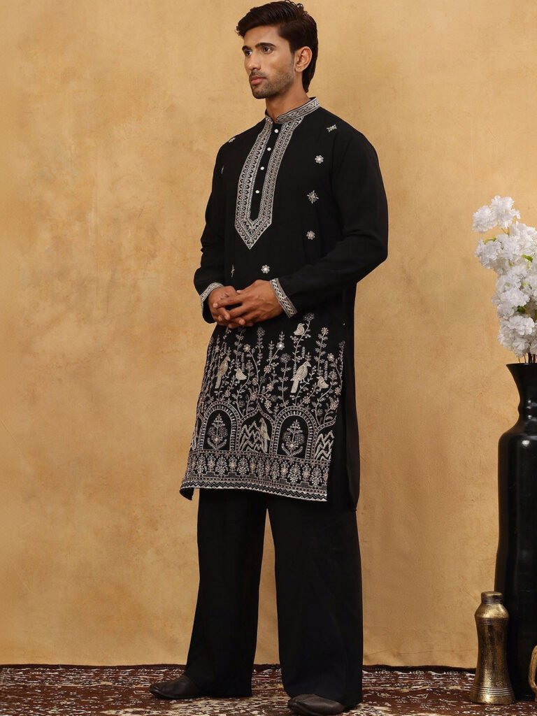 Black Animal Embroidered Chikankari Kurta With Korean Pants view 3