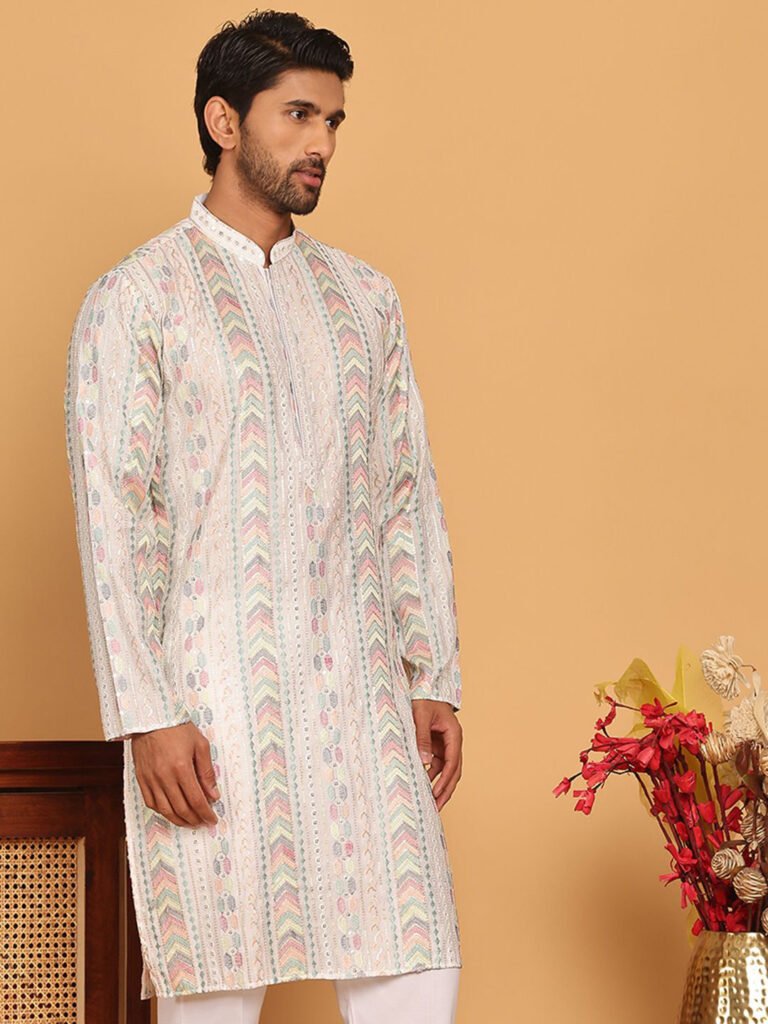 White Men Embroidered Sequins Straight Kurta view 2