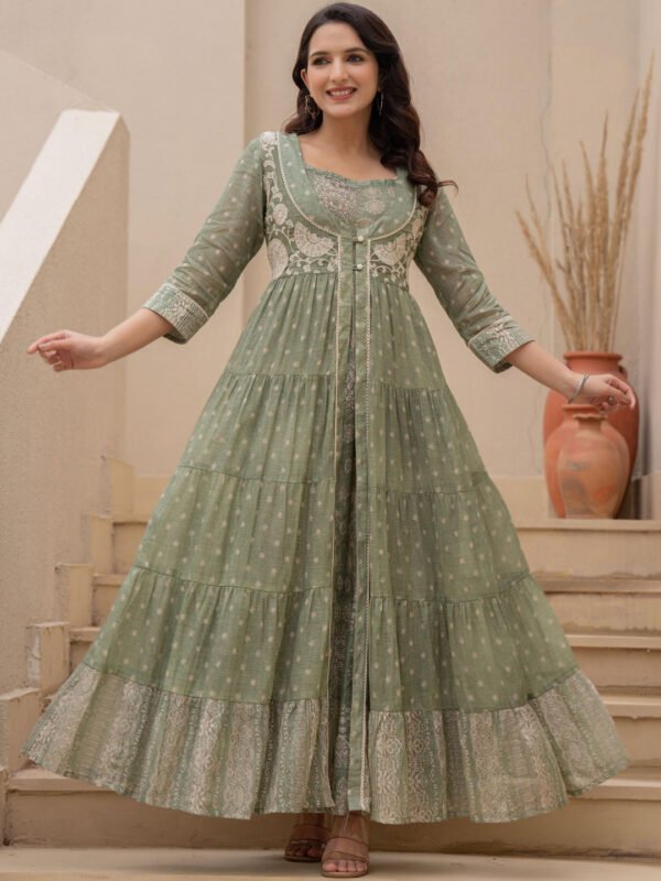Green Ethnic Motifs Print Fit & Flare Maxi Dress
