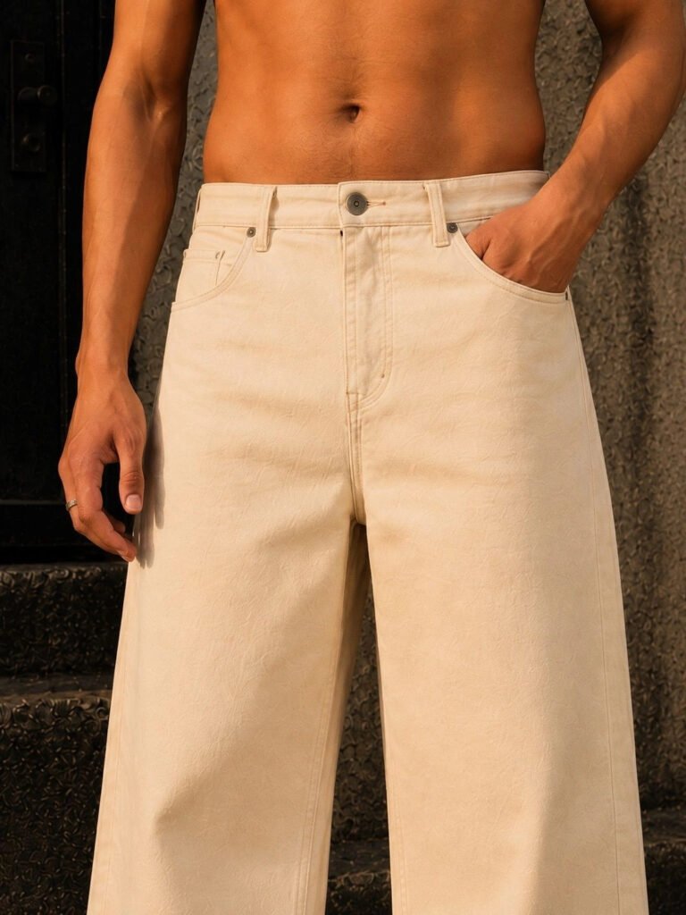 Beige Men Ecru Wide Leg Mid Rise Jeans view 5