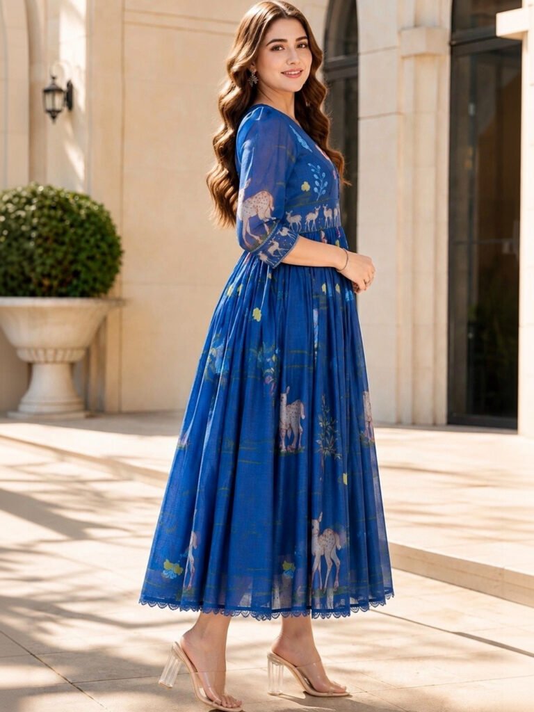 Blue Ethnic Motifs Print Puff Sleeve A-Line Midi Dress view 2