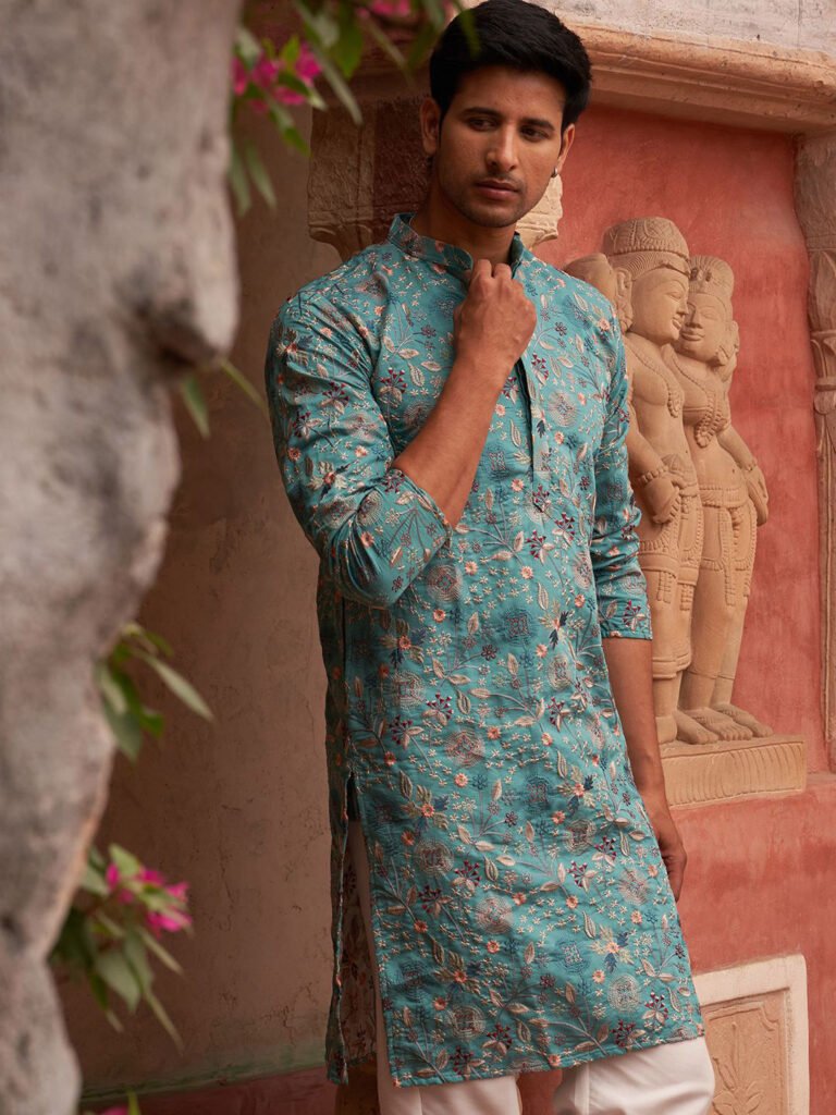 Turquoise Blue Men Ethnic Motifs Embroidered Straight Kurta view 4