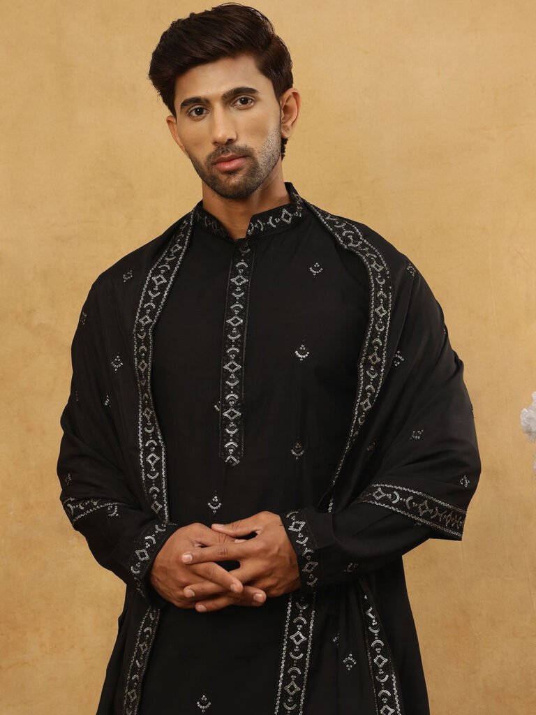 Black Floral Embroidered Sequinned Kurta With Korean Pants & Dupatta view 3
