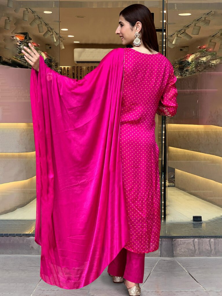 Pink Bandhani Printed Sequinned Embroidery Work Kurta with Trousers & Dupatta view 3
