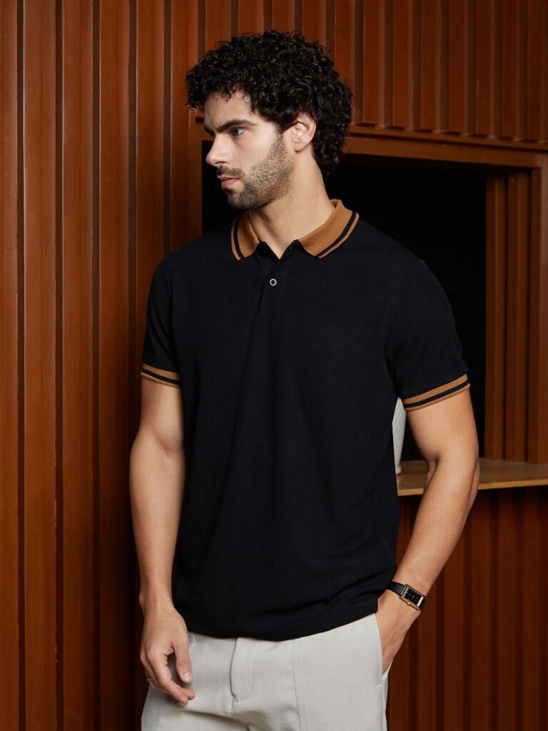 Black Men Solid Polo Collar Cotton T-shirt view 3