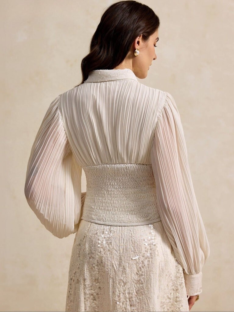 Off White Formal Embellished Bishop Sleeves Top view 5