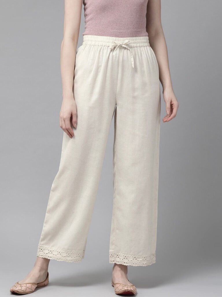 Off White Ethnic Motifs Self Design Straight Palazzos view 2
