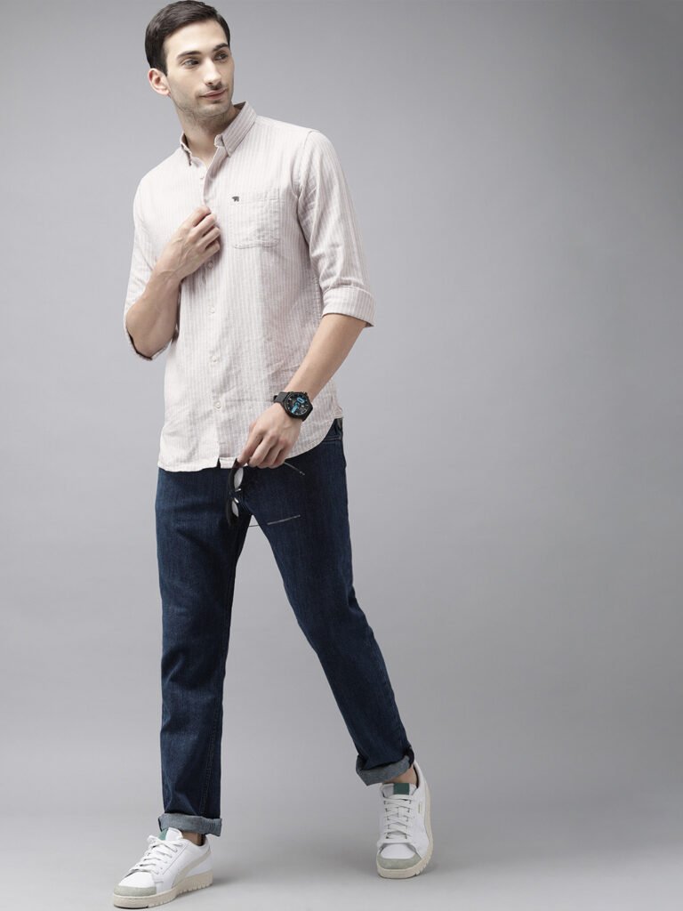 Beige Men Slim Fit Striped Cotton-Linen Casual Shirt view 5