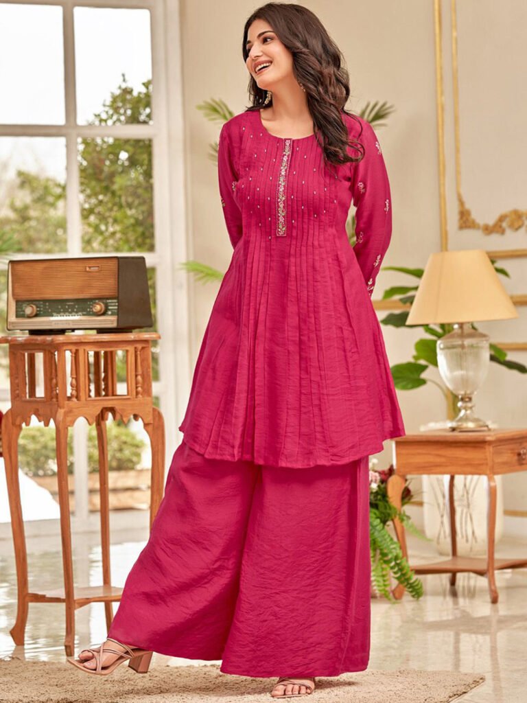 Pink Floral Embroidered Thread Work Chanderi Cotton A-Line Kurta With Palazzos view 4