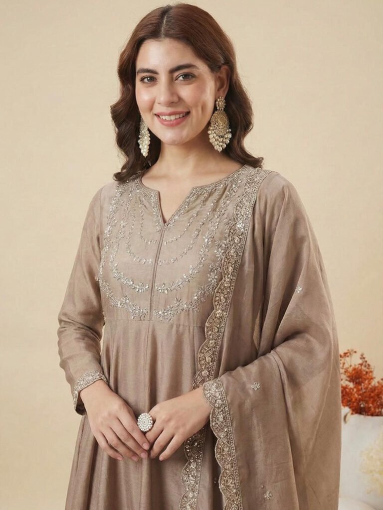 Beige Women Silk Embroidered Anarkali Kurta And Pant Set With Dupatta view 2