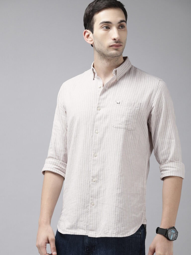 Beige Men Slim Fit Striped Cotton-Linen Casual Shirt view 3