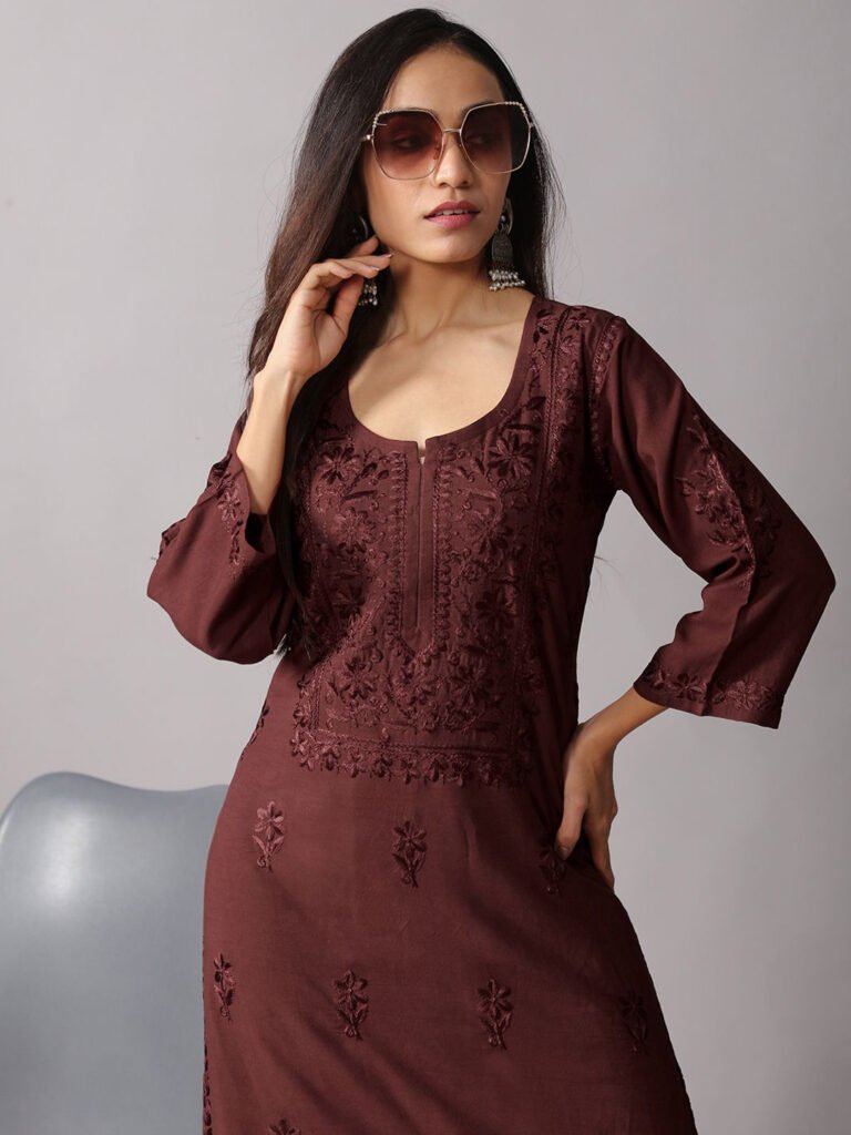 Brown Floral Embroidered Notch Neck Thread Work Straight Kurta With Palazzos Set view 2