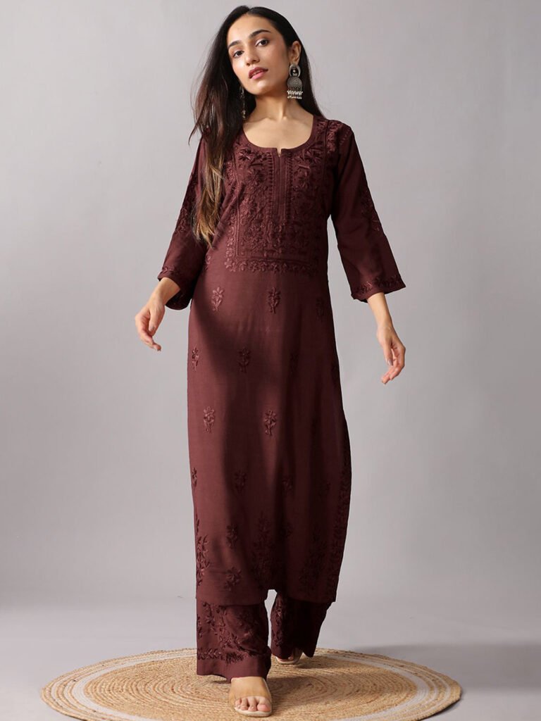 Brown Floral Embroidered Notch Neck Thread Work Straight Kurta With Palazzos Set view 5