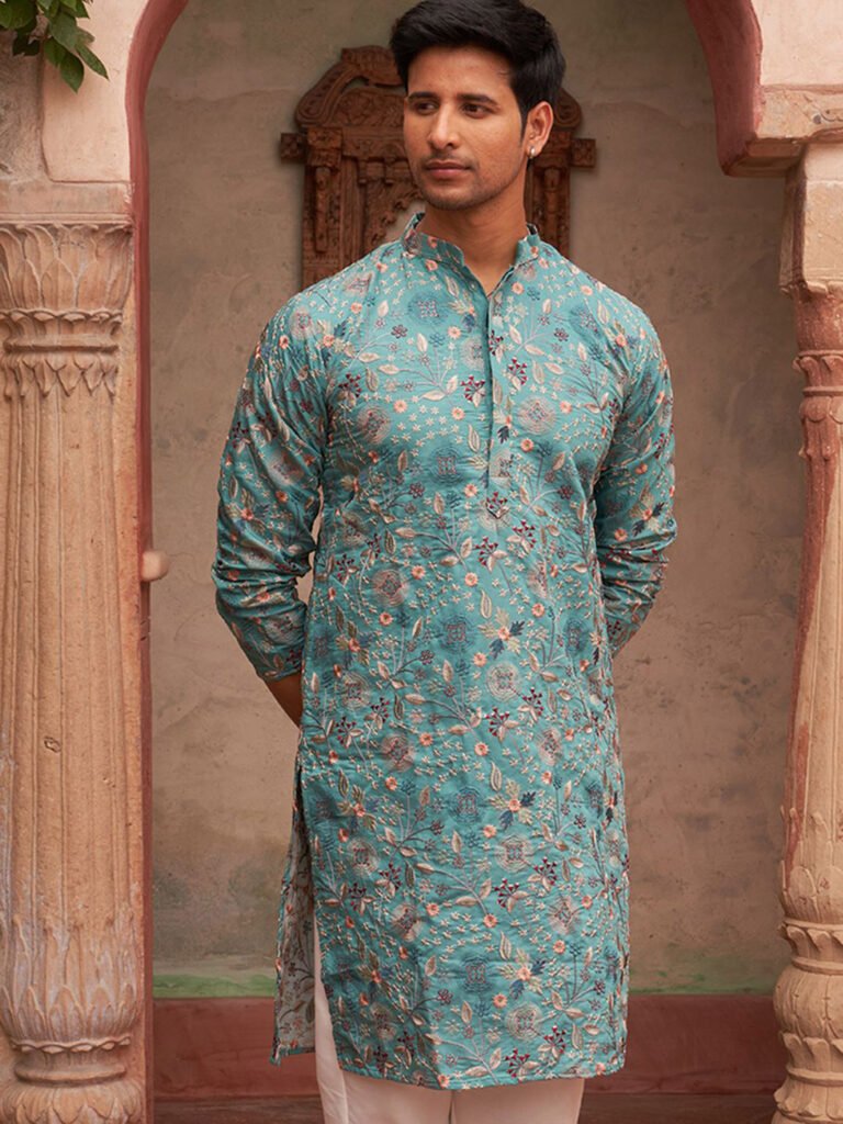 Turquoise Blue Men Ethnic Motifs Embroidered Straight Kurta view 2