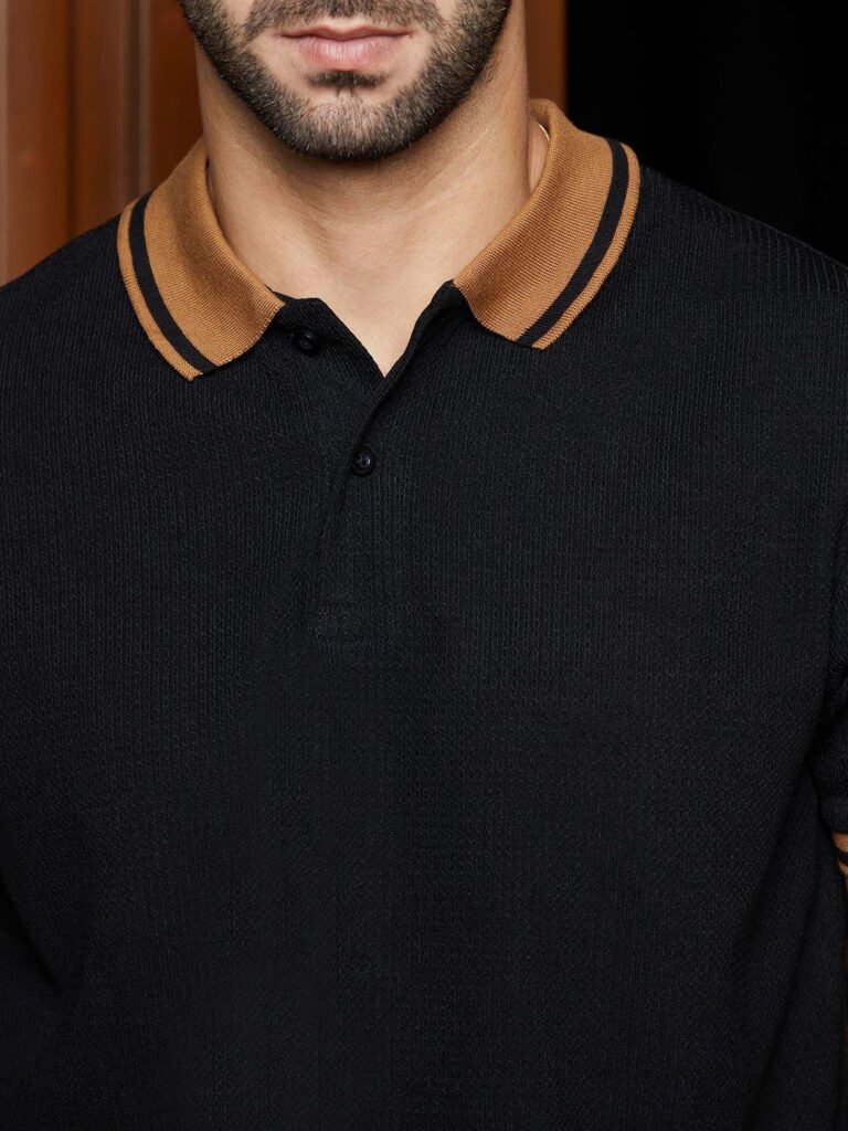 Black Men Solid Polo Collar Cotton T-shirt view 2