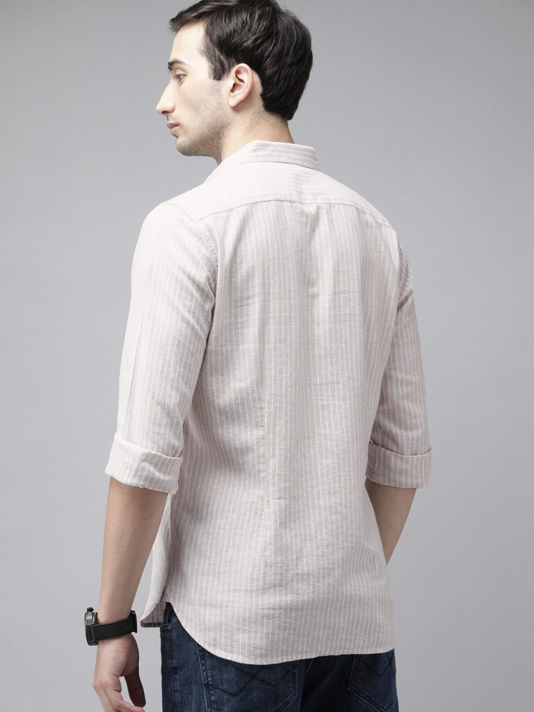 Beige Men Slim Fit Striped Cotton-Linen Casual Shirt view 4