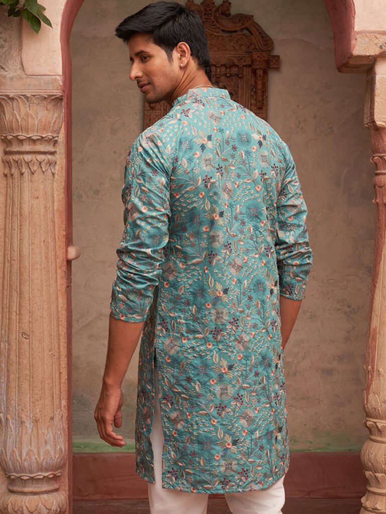 Turquoise Blue Men Ethnic Motifs Embroidered Straight Kurta view 5