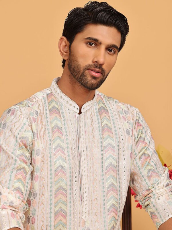 White Men Embroidered Sequins Straight Kurta