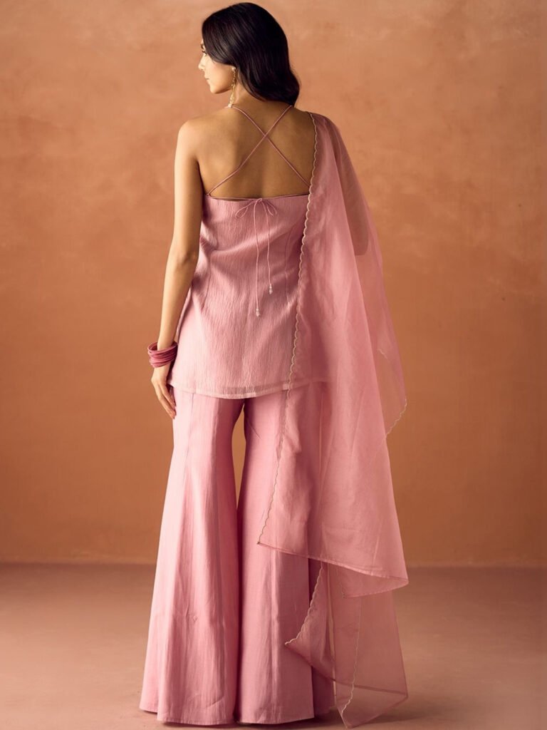 Women Light Pink Crush Embroidered Organza Straight Kurta Set with Dupatta view 2