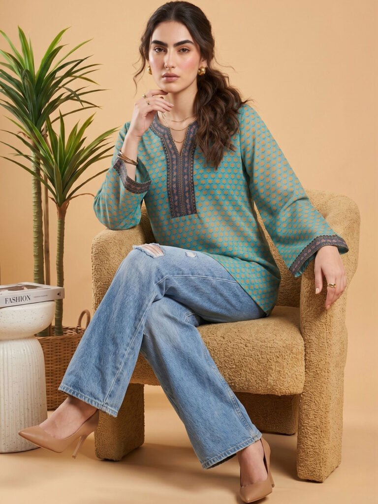 Teal Print Ethnic Top view 5