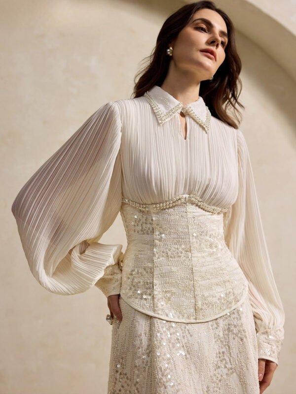 Off White Formal Embellished Bishop Sleeves Top