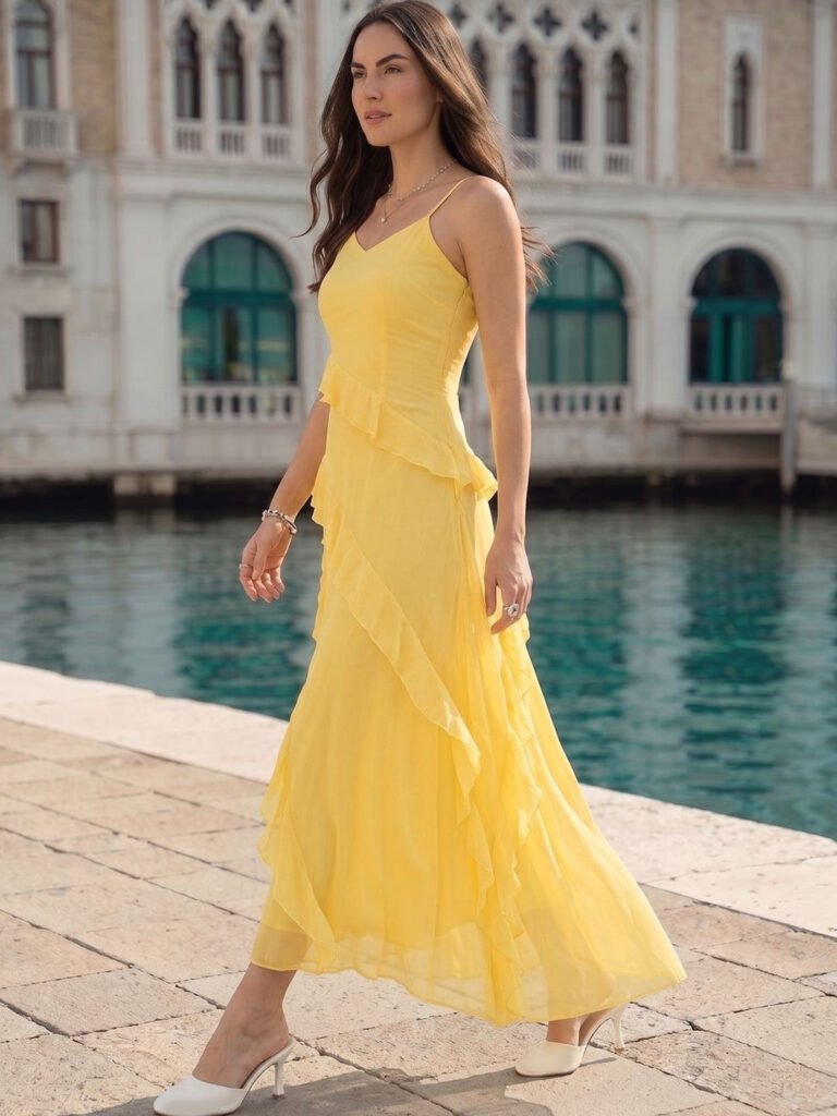 Yellow Ruffled Chiffon A-Line Maxi Dress view 3