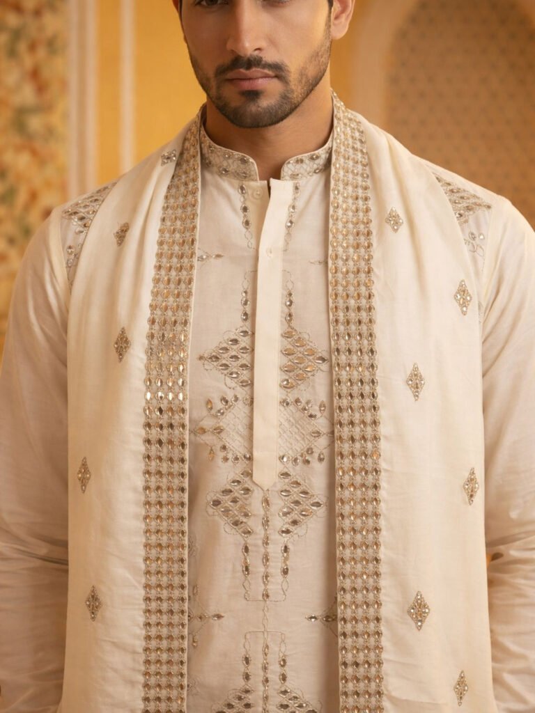 Cream Men Ethnic Motifs Embellished Mirror Work Grandeur & Majestic Artwork Kurta view 5