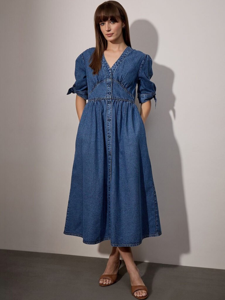 Blue Puff Sleeve Denim A-Line Midi Dress