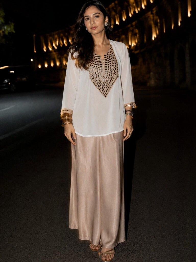 White Embellished Georgette Loose Fit V-Neck Top view 5