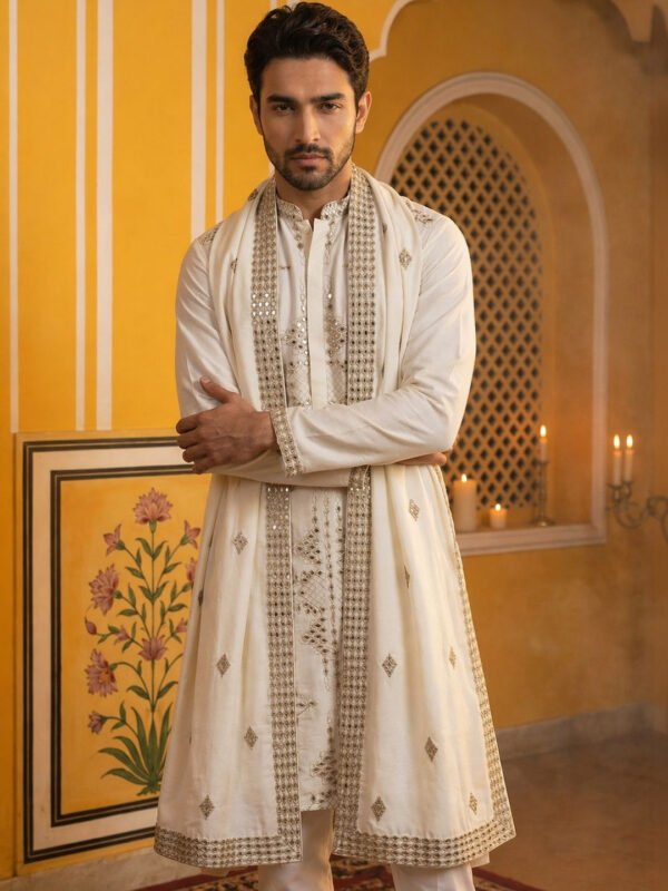 Cream Men Ethnic Motifs Embellished Mirror Work Grandeur & Majestic Artwork Kurta
