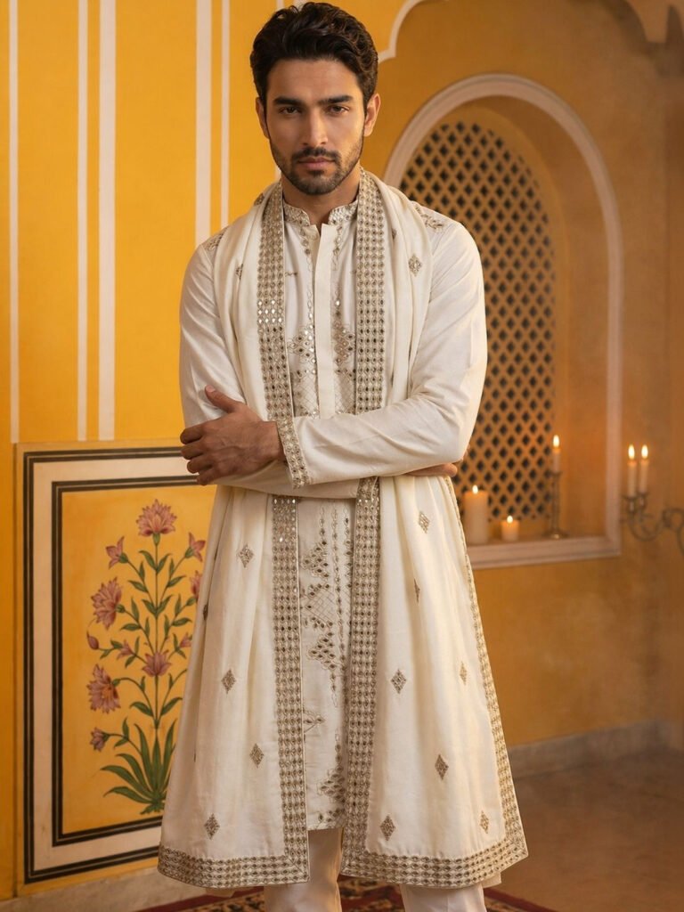 Cream Men Ethnic Motifs Embellished Mirror Work Grandeur & Majestic Artwork Kurta