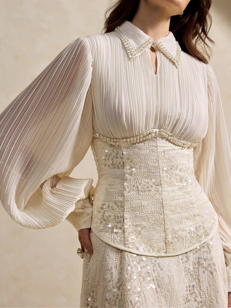 Off White Formal Embellished Bishop Sleeves Top view 2