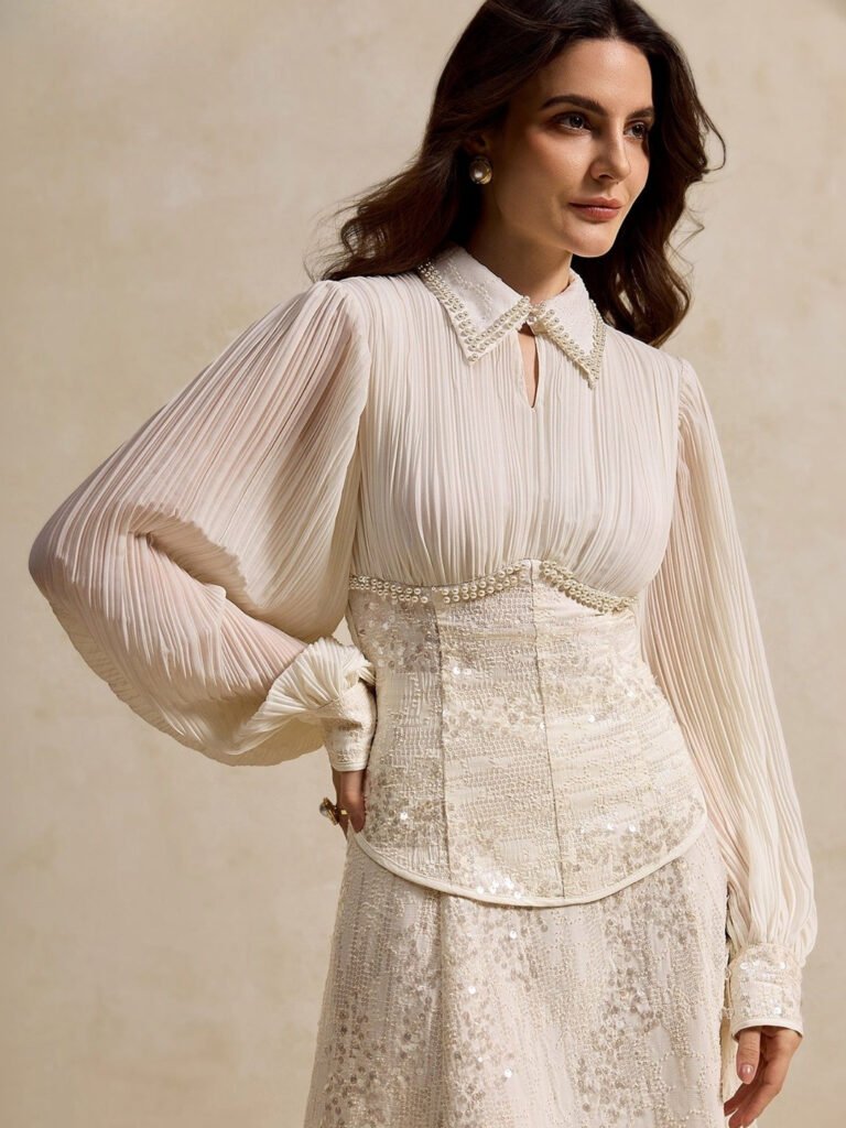 Off White Formal Embellished Bishop Sleeves Top view 4