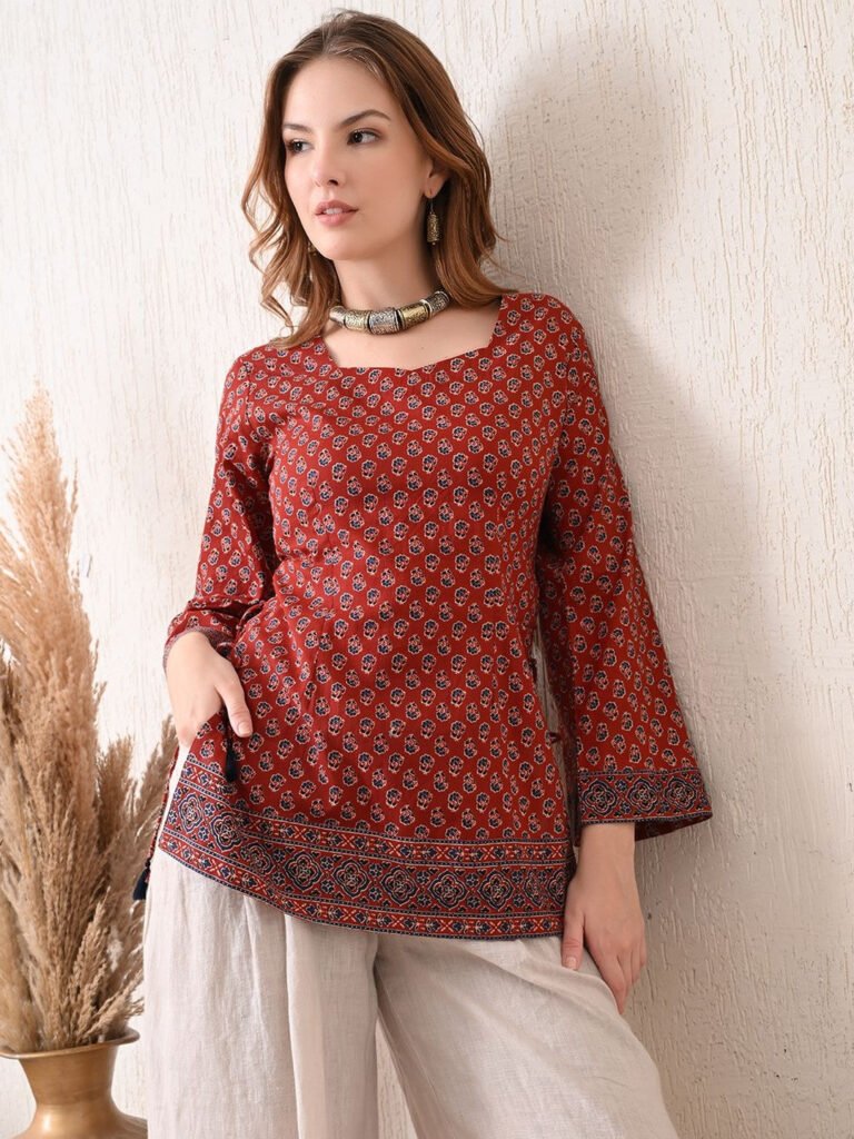 Red Print Ethnic Cotton Top view 3