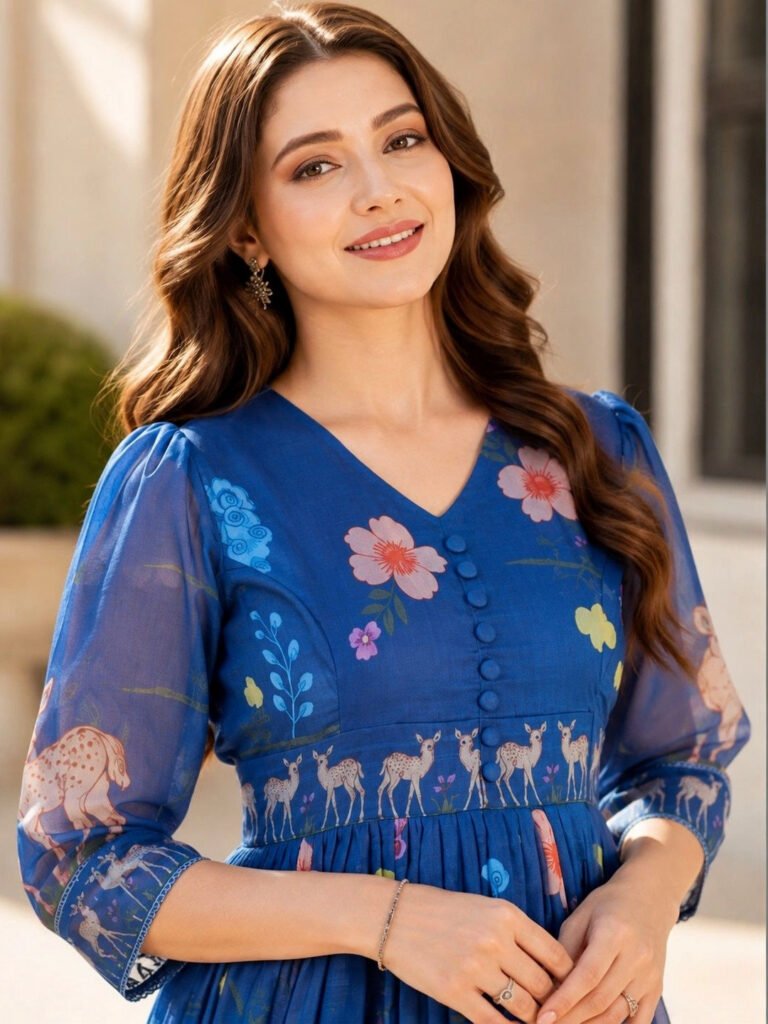 Blue Ethnic Motifs Print Puff Sleeve A-Line Midi Dress view 3