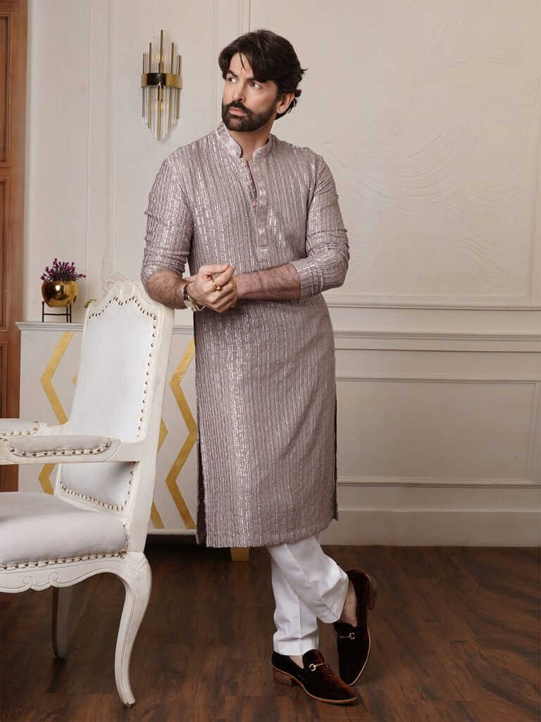 Brown Men Embroidered Thread Work Kurta view 5