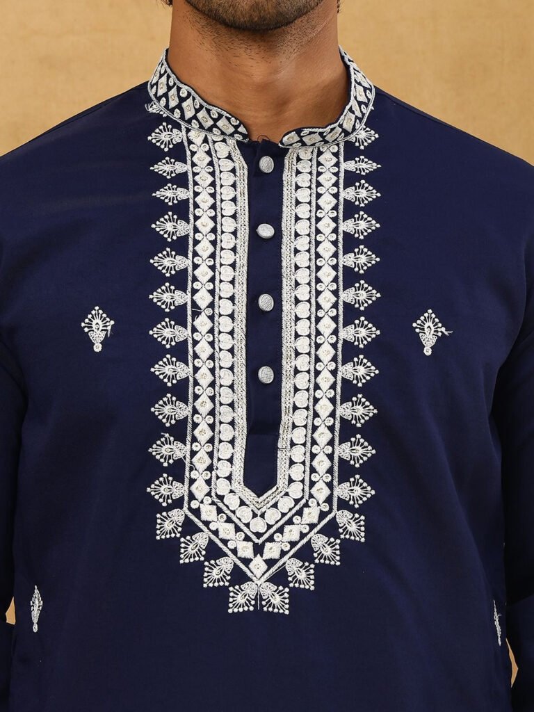 Navy Blue Floral Embroidered Regular Thread Work Kurta With Korean Pants view 5