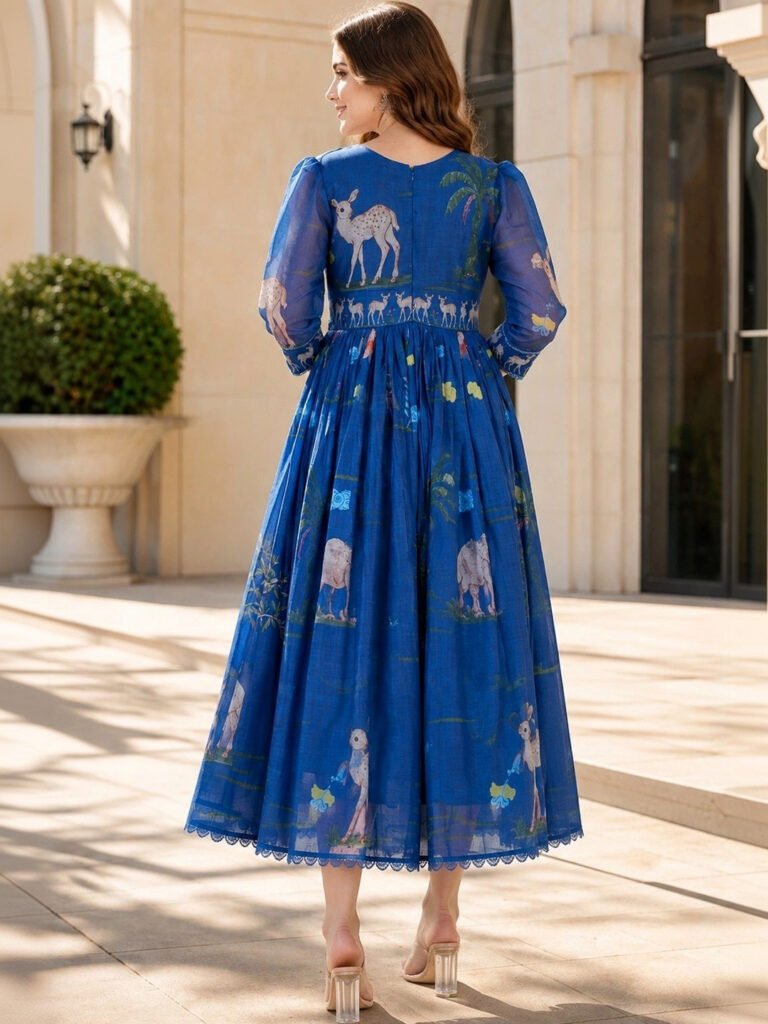 Blue Ethnic Motifs Print Puff Sleeve A-Line Midi Dress view 4
