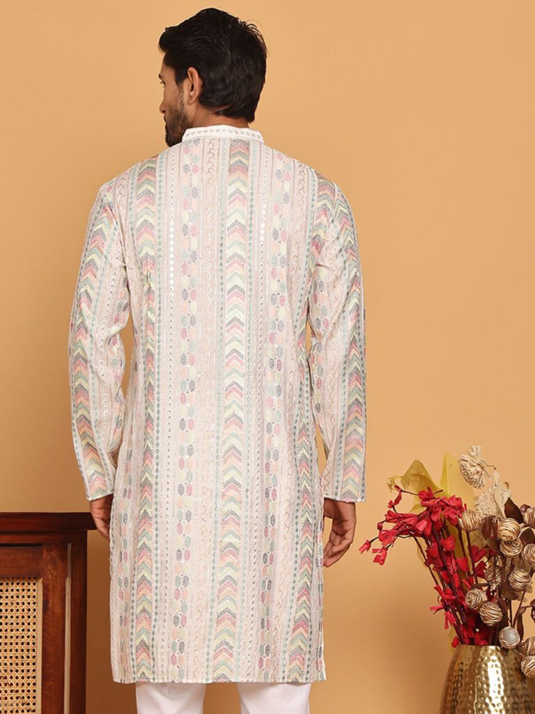 White Men Embroidered Sequins Straight Kurta view 5