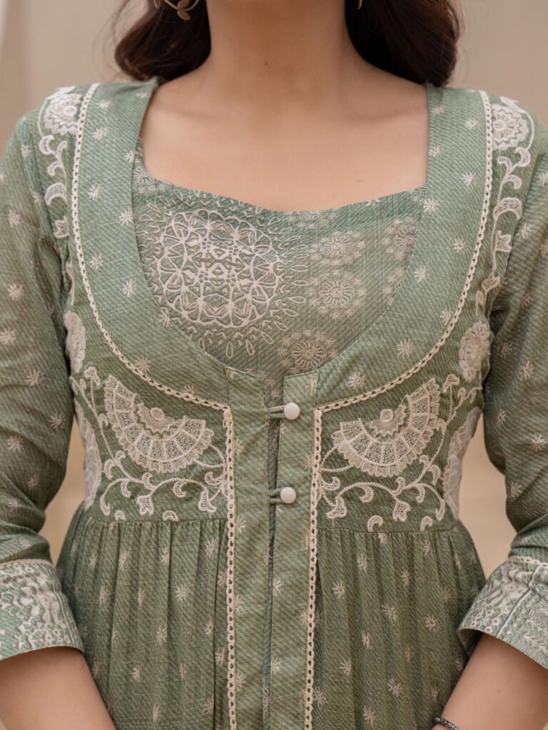 Green Ethnic Motifs Print Fit & Flare Maxi Dress view 5