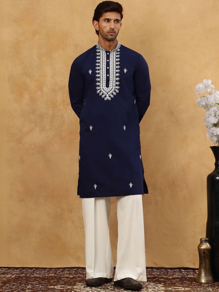 Navy Blue Floral Embroidered Regular Thread Work Kurta With Korean Pants
