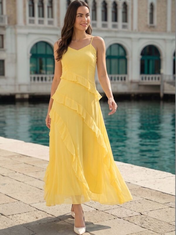 Yellow Ruffled Chiffon A-Line Maxi Dress