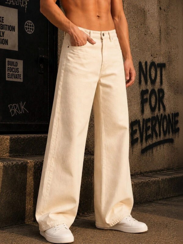 Beige Men Ecru Wide Leg Mid Rise Jeans