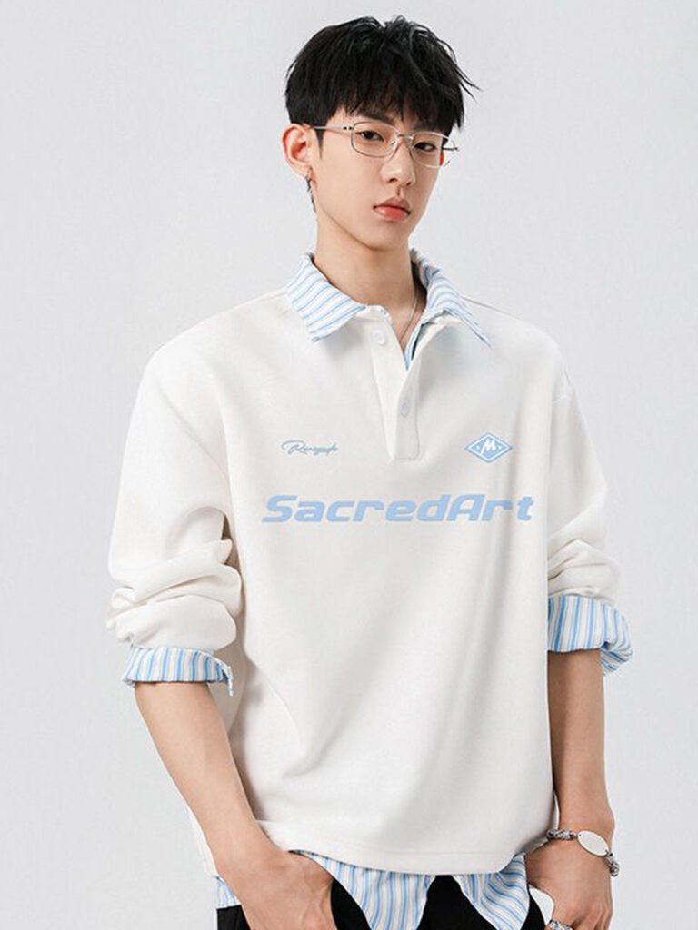 White Men Printed Shirt Collar Long Sleeves Sweatshirt view 3