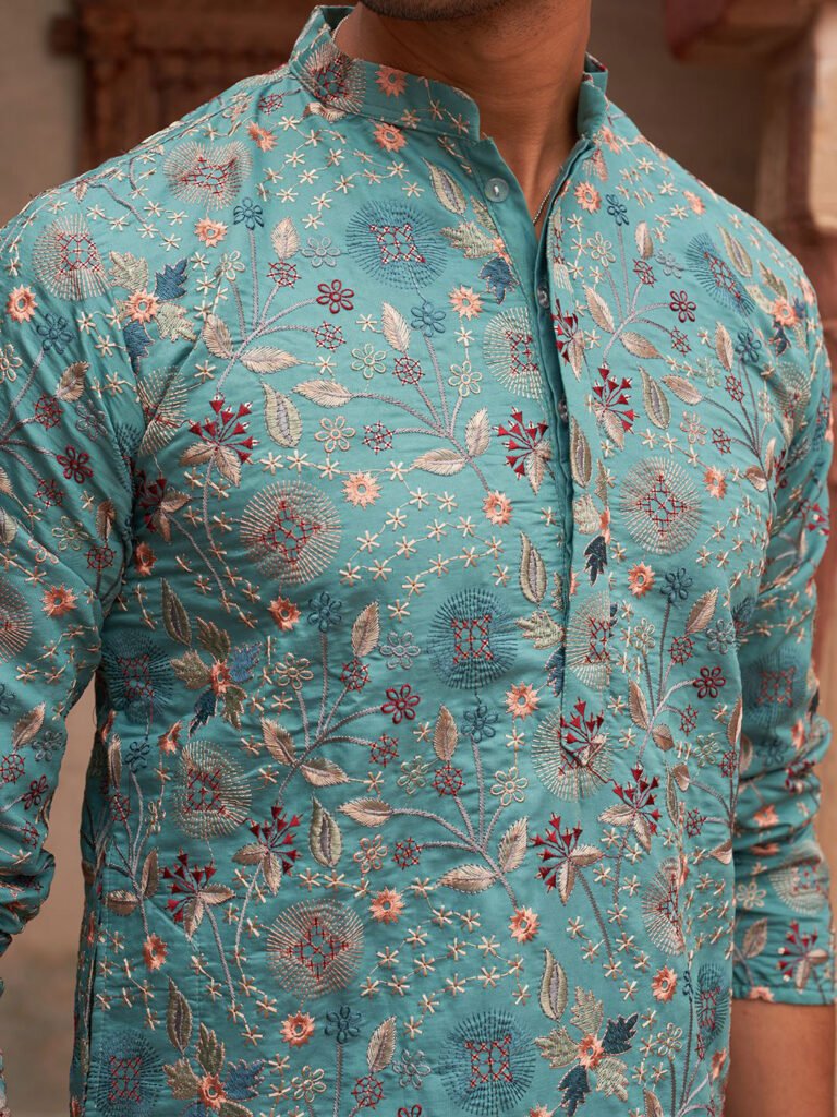 Turquoise Blue Men Ethnic Motifs Embroidered Straight Kurta view 3