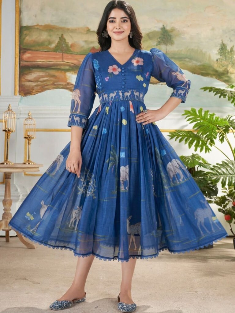Blue Ethnic Motifs Print Puff Sleeve A-Line Midi Dress view 5