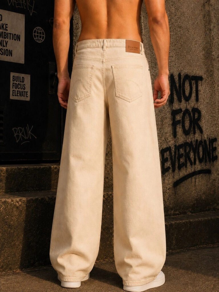 Beige Men Ecru Wide Leg Mid Rise Jeans view 4