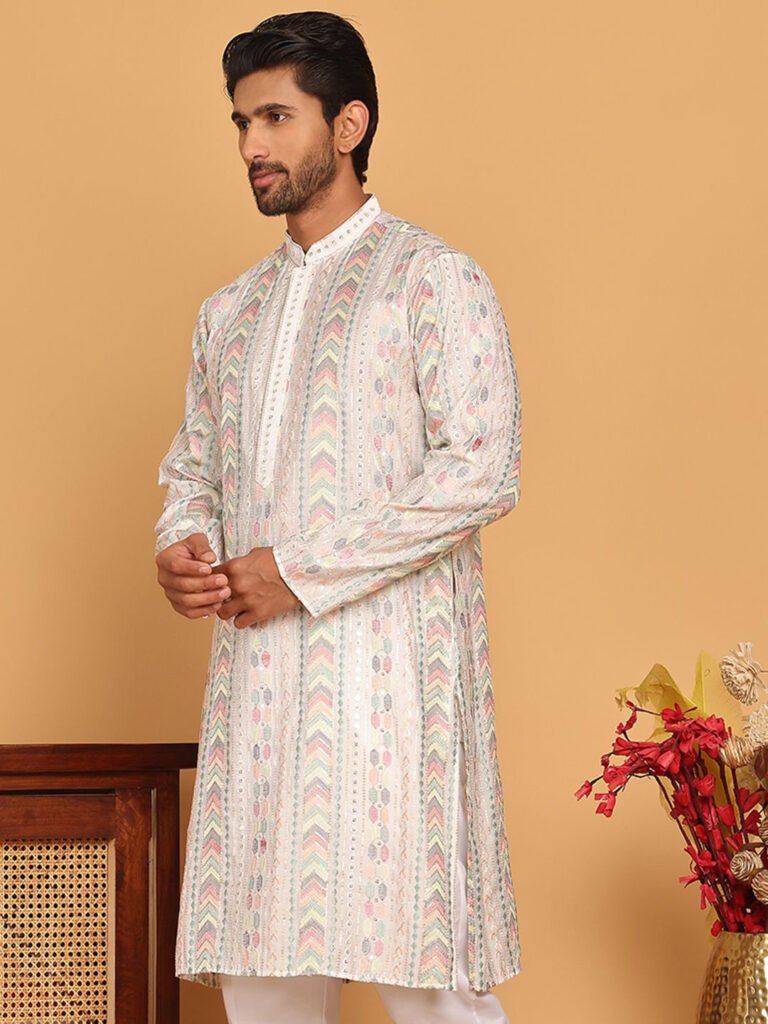 White Men Embroidered Sequins Straight Kurta view 4